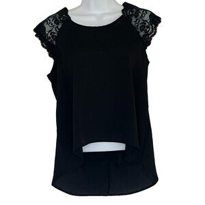 Wimisgoth Top Asymmetric Hem Lace Sleeve Dark Fairy Small Scoop Neck Black